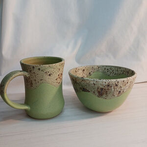 AGRA Studio Pottery Stoneware Mug And Bowl Set Two Pieces Mint Chocolate Chip